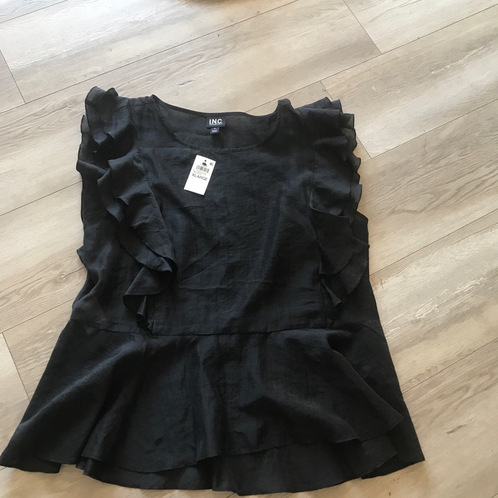 INC International Concepts Black Ruffle Sleeve Peplum Top